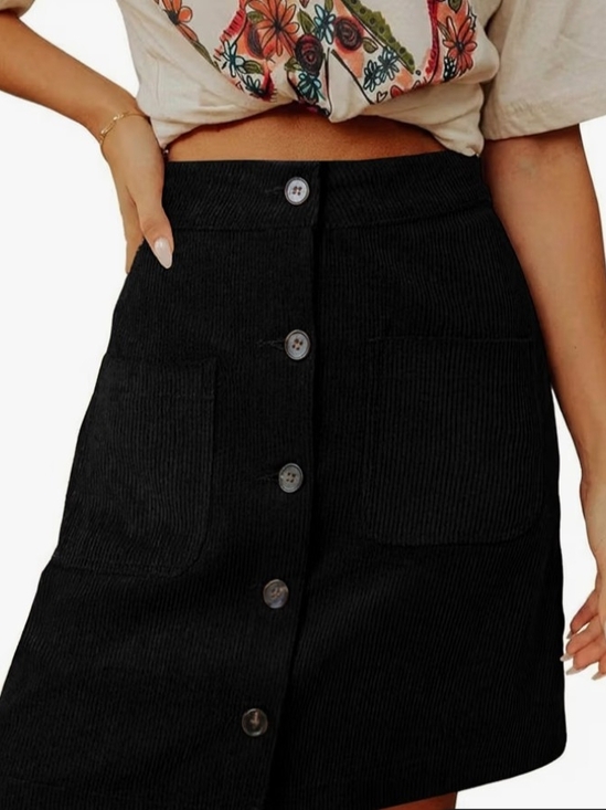 Amazon Dresses & Skirts - Black Corduroy Button Front Mini Skirt High Waist Pockets Size XL